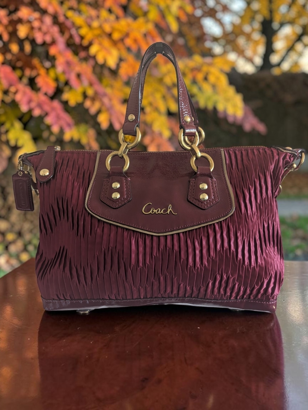 Coach Ashley Gathered Satin Satchel Bordeaux Burgundy Patent Leather